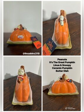 NWT- Peanuts- Hand-Painted Orange Ceramic Pumpkin Butter Dish w/ Linus & Snoopy
